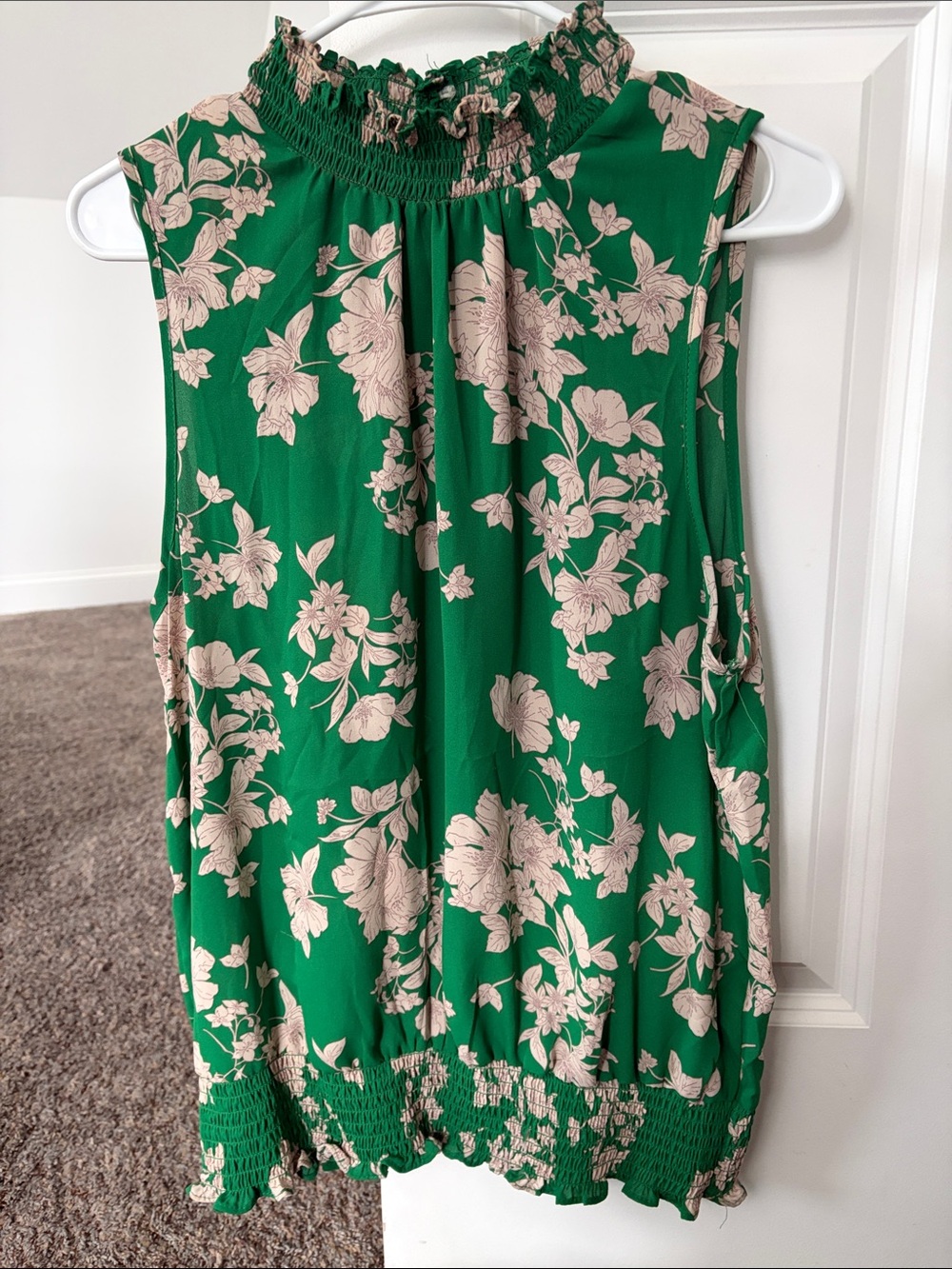 Sleeveless Green Floral Smocked Neck Top